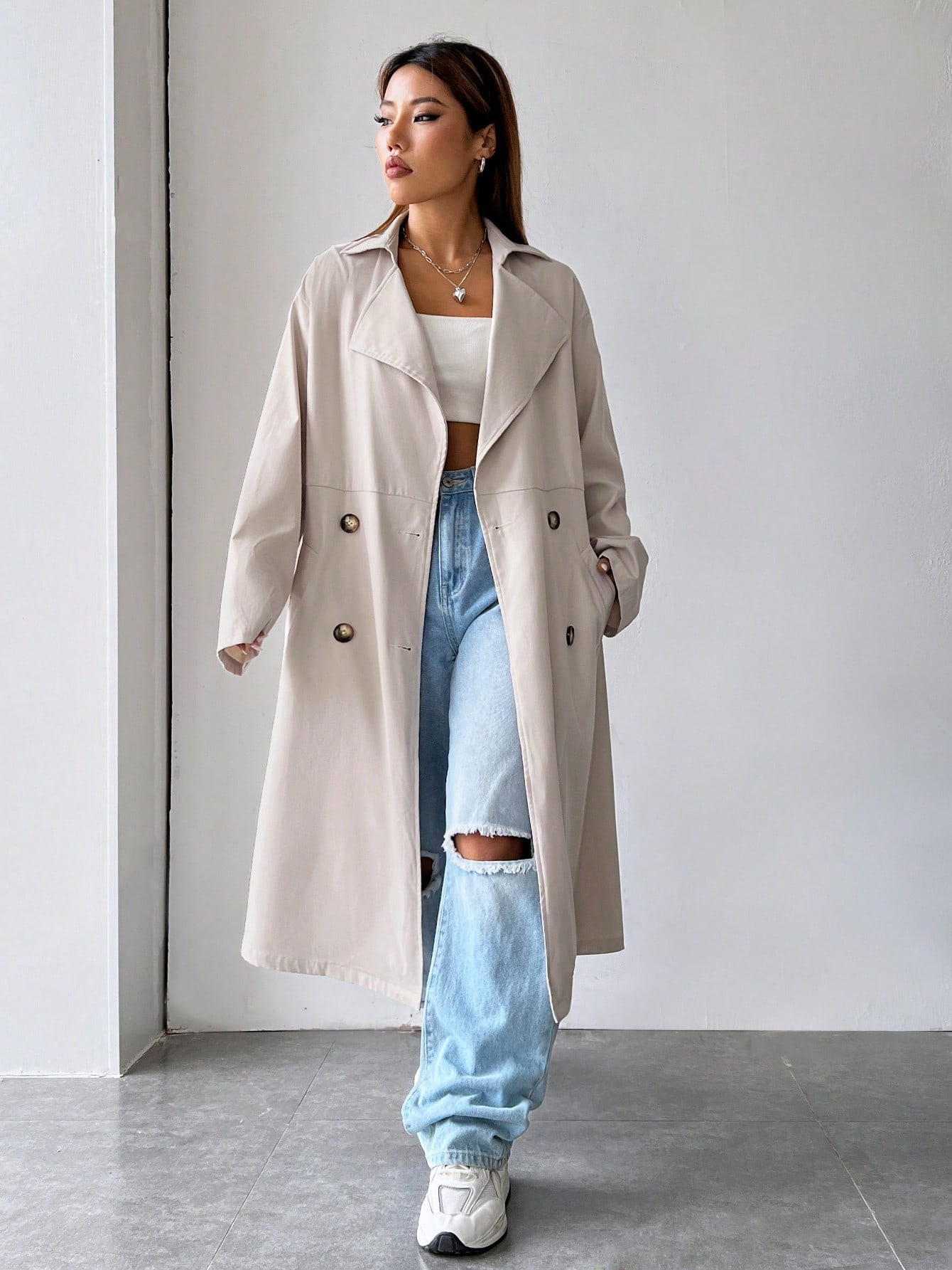 Lapel Neck Double Breasted Belted Trench Coat
