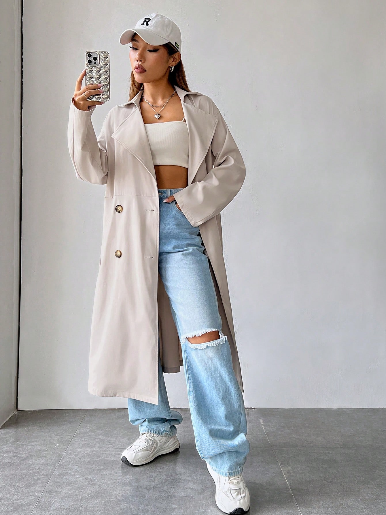 Lapel Neck Double Breasted Belted Trench Coat
