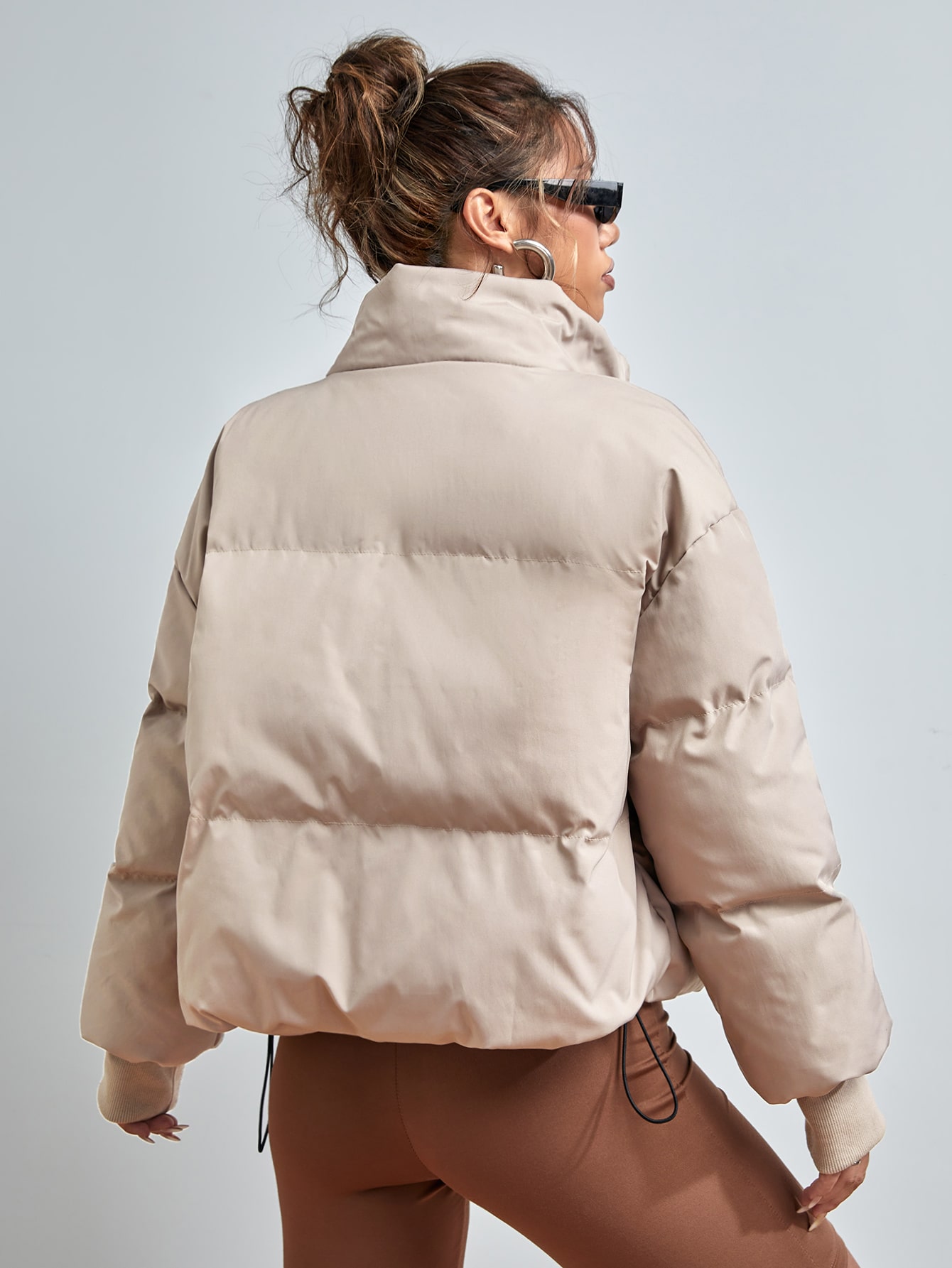 Drawstring Hem Drop Shoulder Zipper Puffer Coat