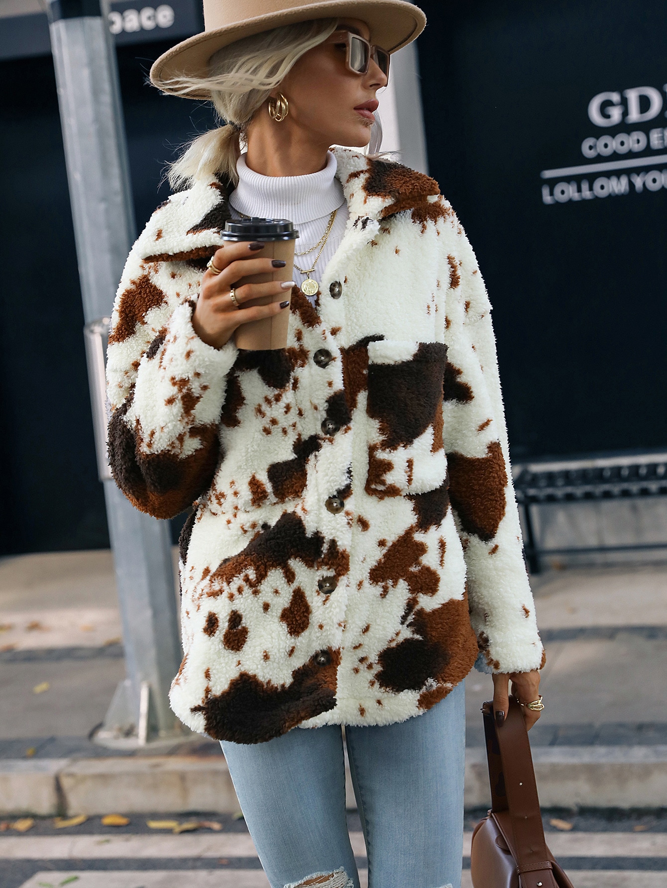 Graphic Pattern Pocket Patched Flannel Coat