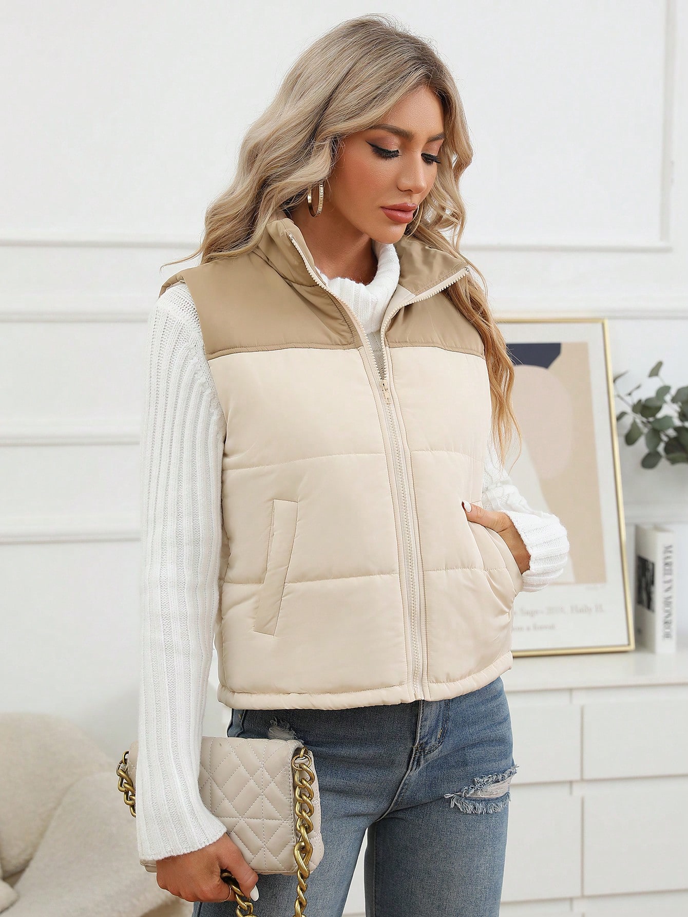 Two Tone Zip Up Vest Puffer Coat