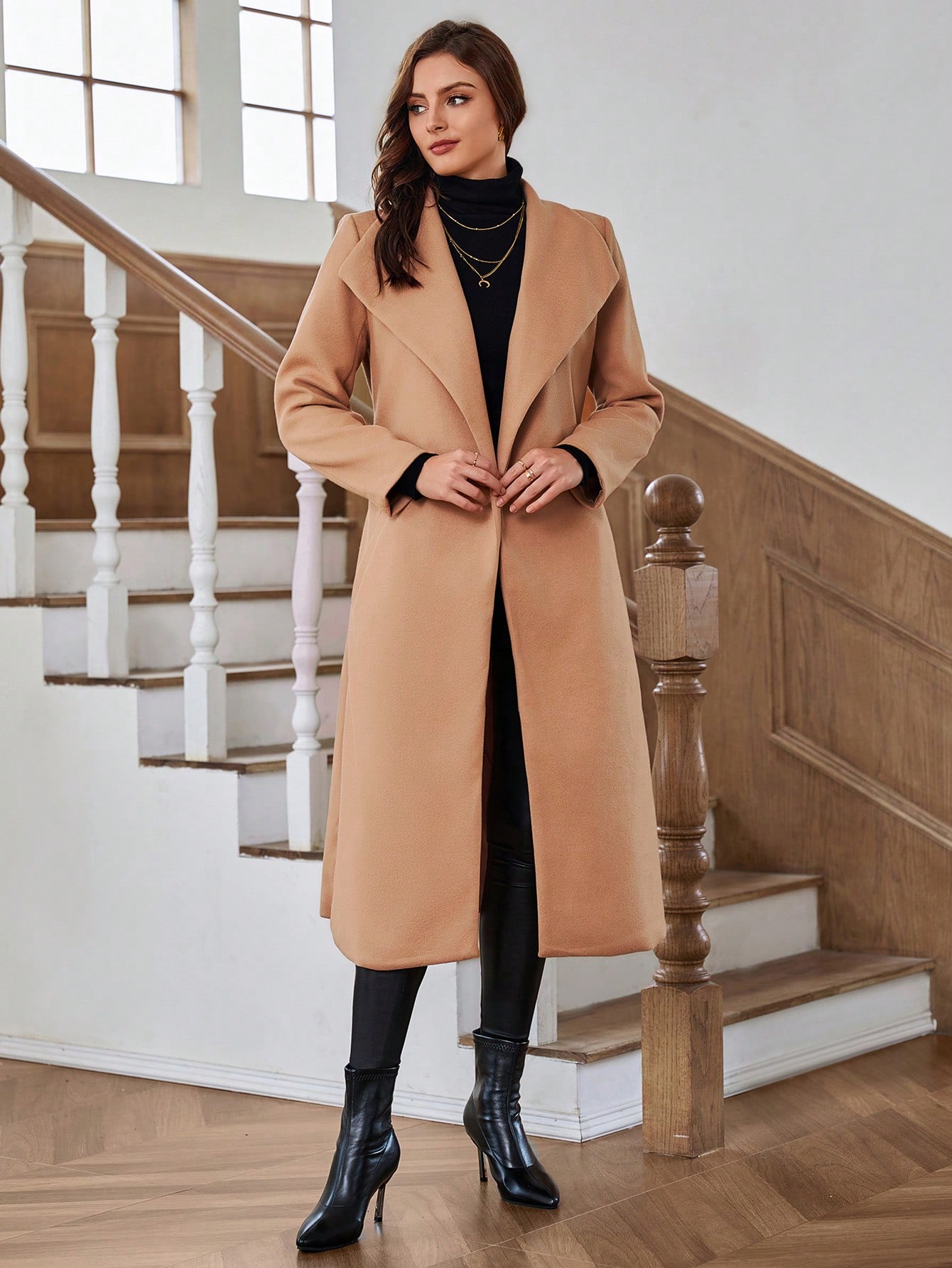 Waterfall Collar Slant Pocket Belted Overcoat