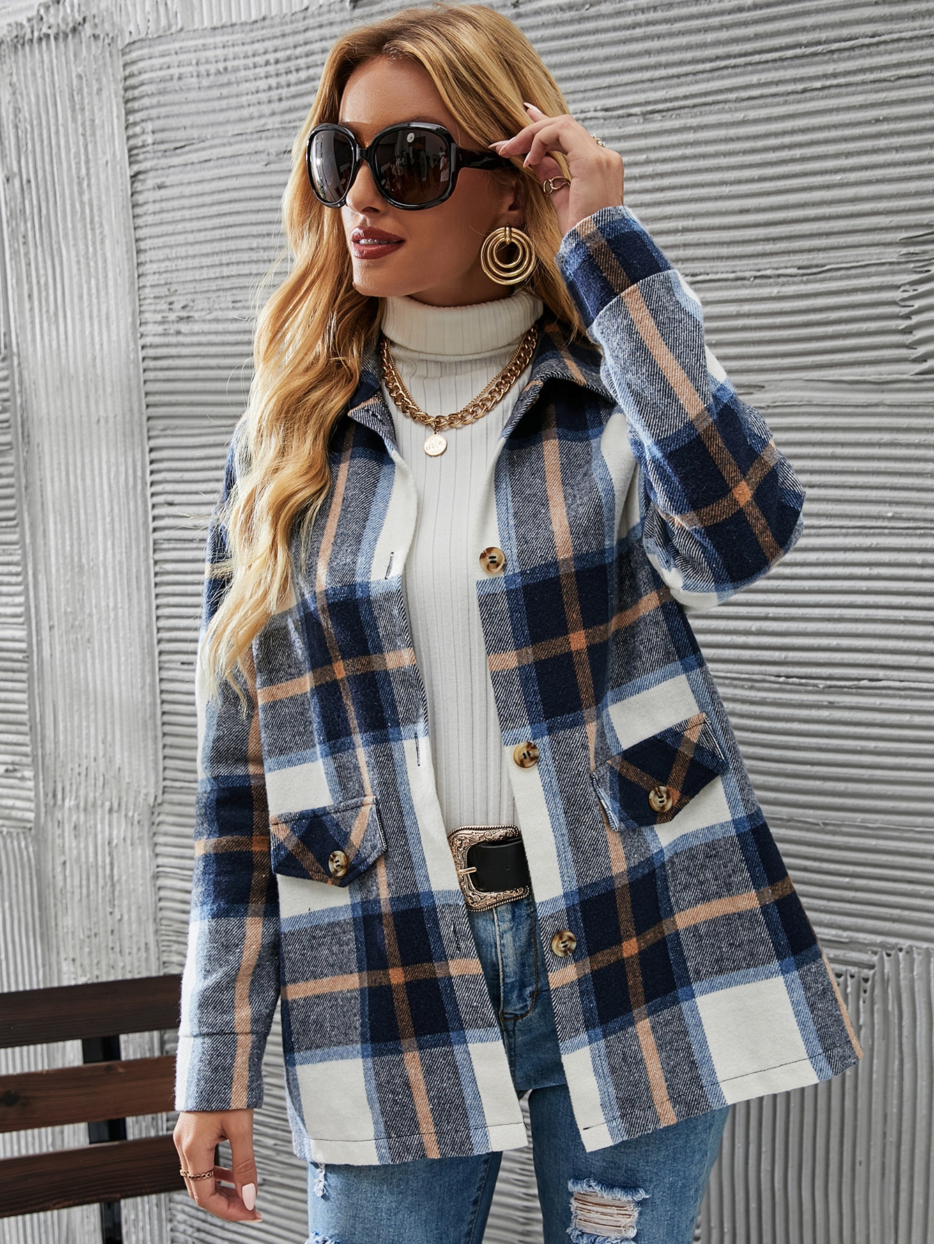 Plaid Drop Shoulder Overcoat