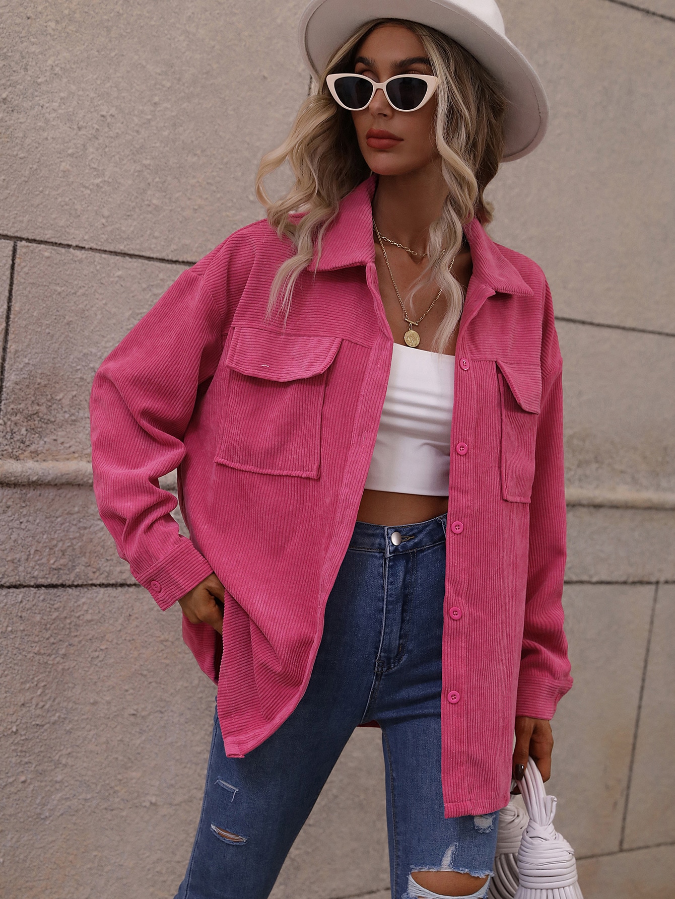 Flap Pocket Drop Shoulder Corduroy Coat