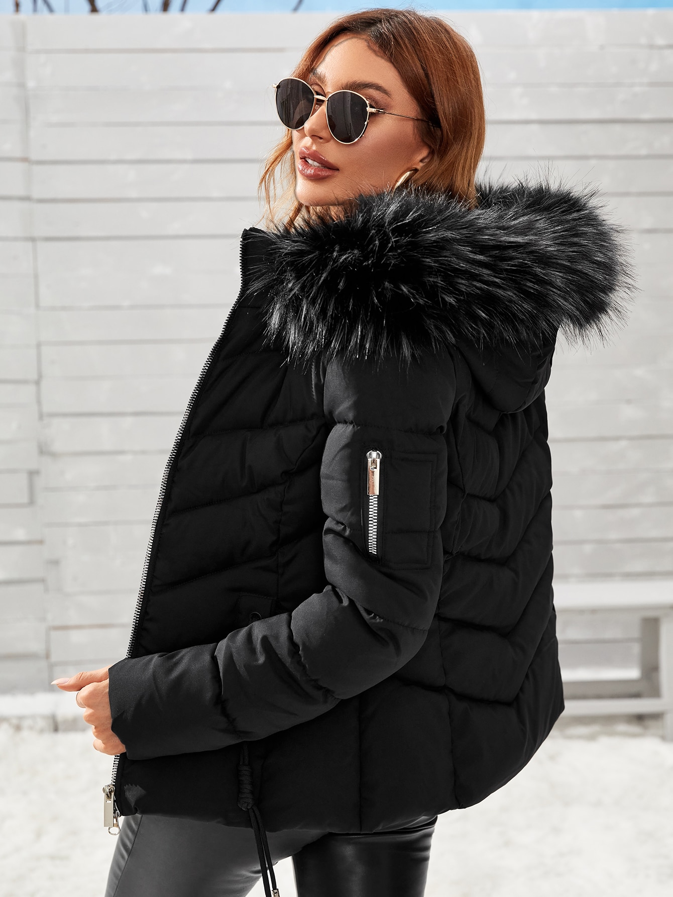 Drawstring Zip Up Fuzzy Hooded Winter Coat
